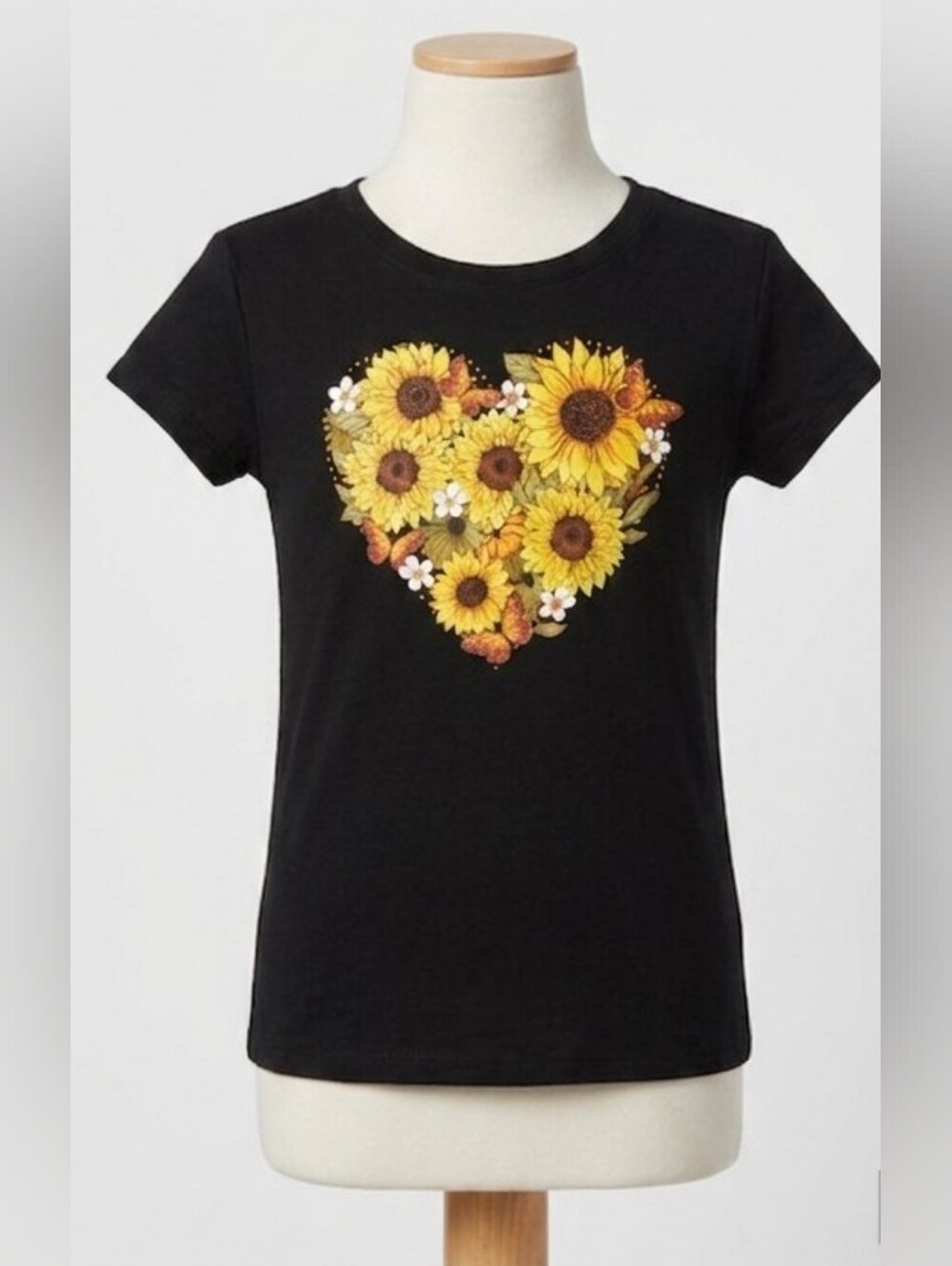 The Children's Place Girls XXL Black Tee with Sunflower Heart Graphic
